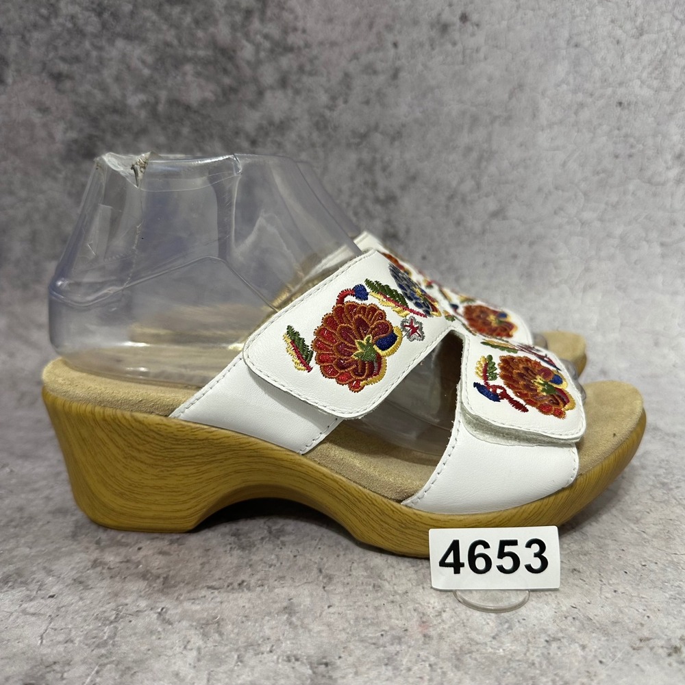 Alegria Linn Slide Sandals Women Size 37 US 7-7.5 White Floral Embroidered Wedge